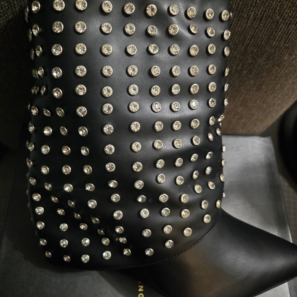 Never Worn  AZALEA WANG MARINA  RHINESTONE STUDED FOLD OVER BOOTIE IN Blk